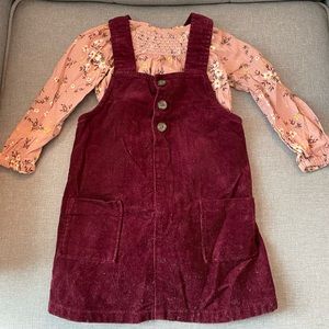 Pink Smocked Floral Onesie & Cranberry Corduroy Dress Set- 6-12 Months